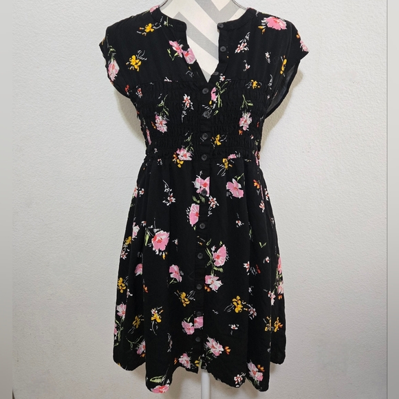 FREE PEOPLE Greatest Day Floral Dress Black Pink Yellow Smocked Waist Medium - Picture 2 of 16